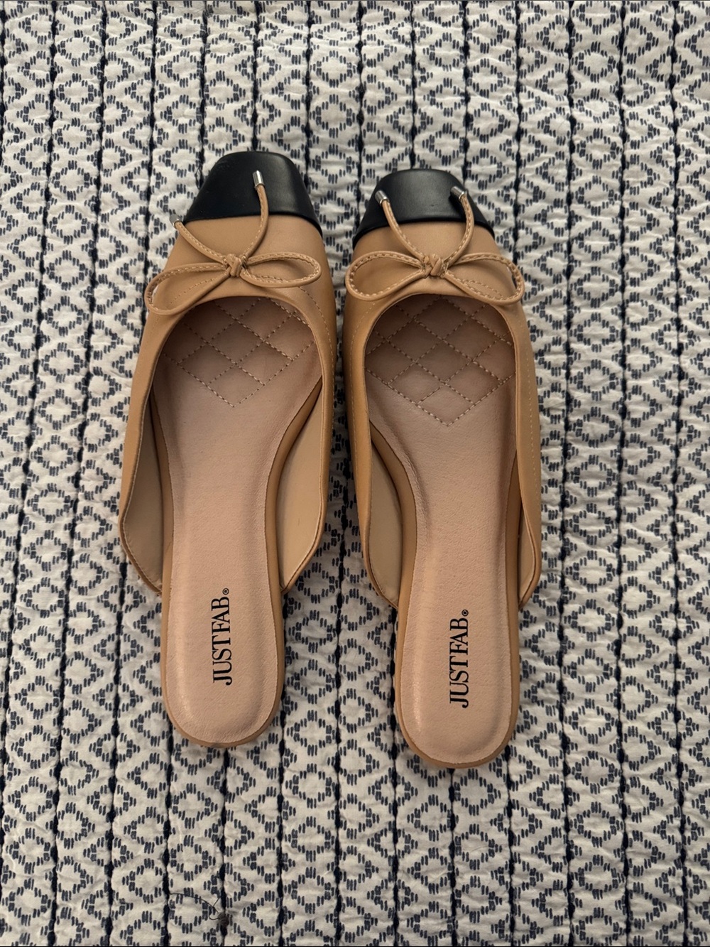 JustFab Tan Mules with Black Toe and Bow Accent